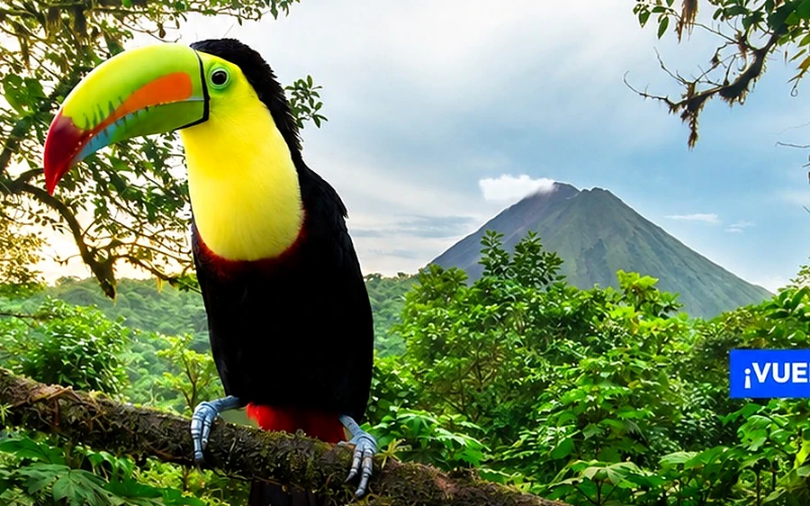 Tucán frente al volcán Arenal